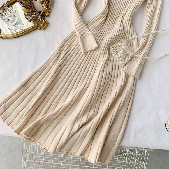 Knit dress beige long sleeve womens sweater cream rib knit dress - Picture 3 of 5